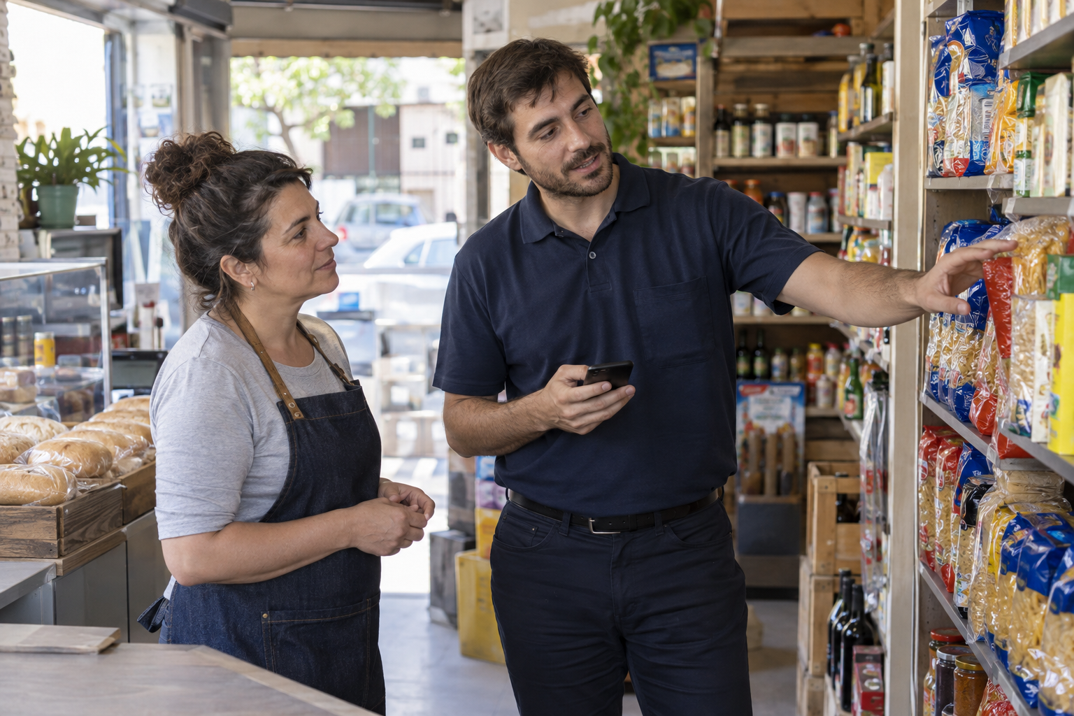 Sales visit and product review at a local business