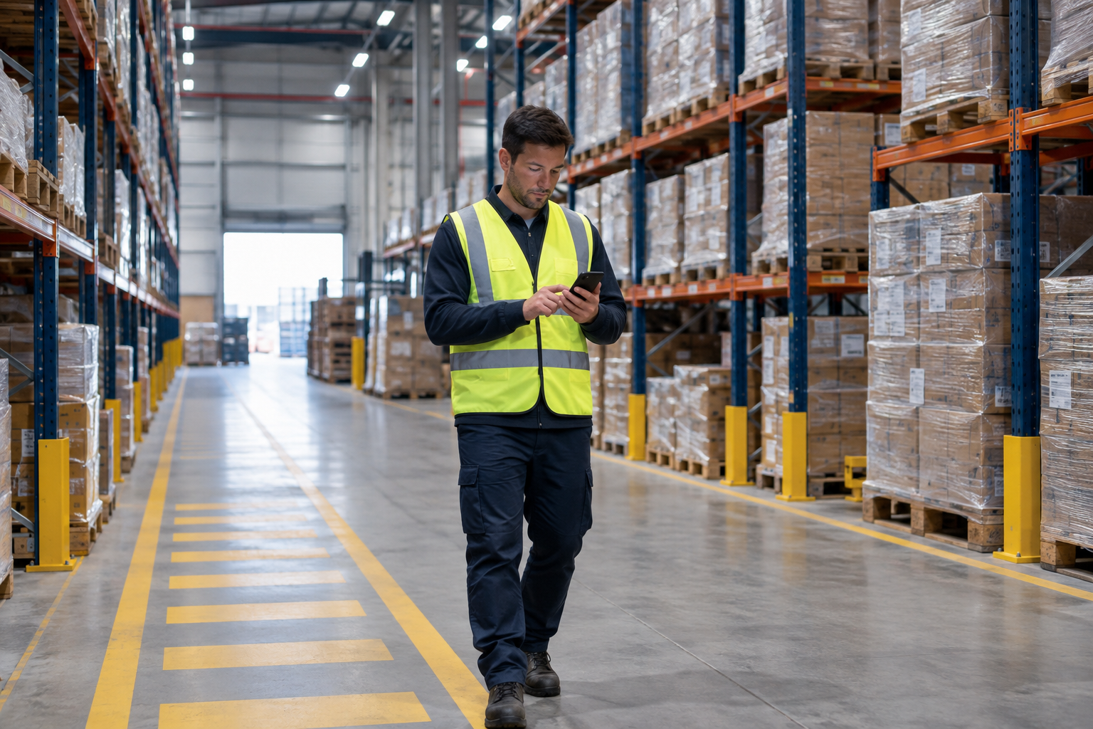 Warehouse with racks and goods