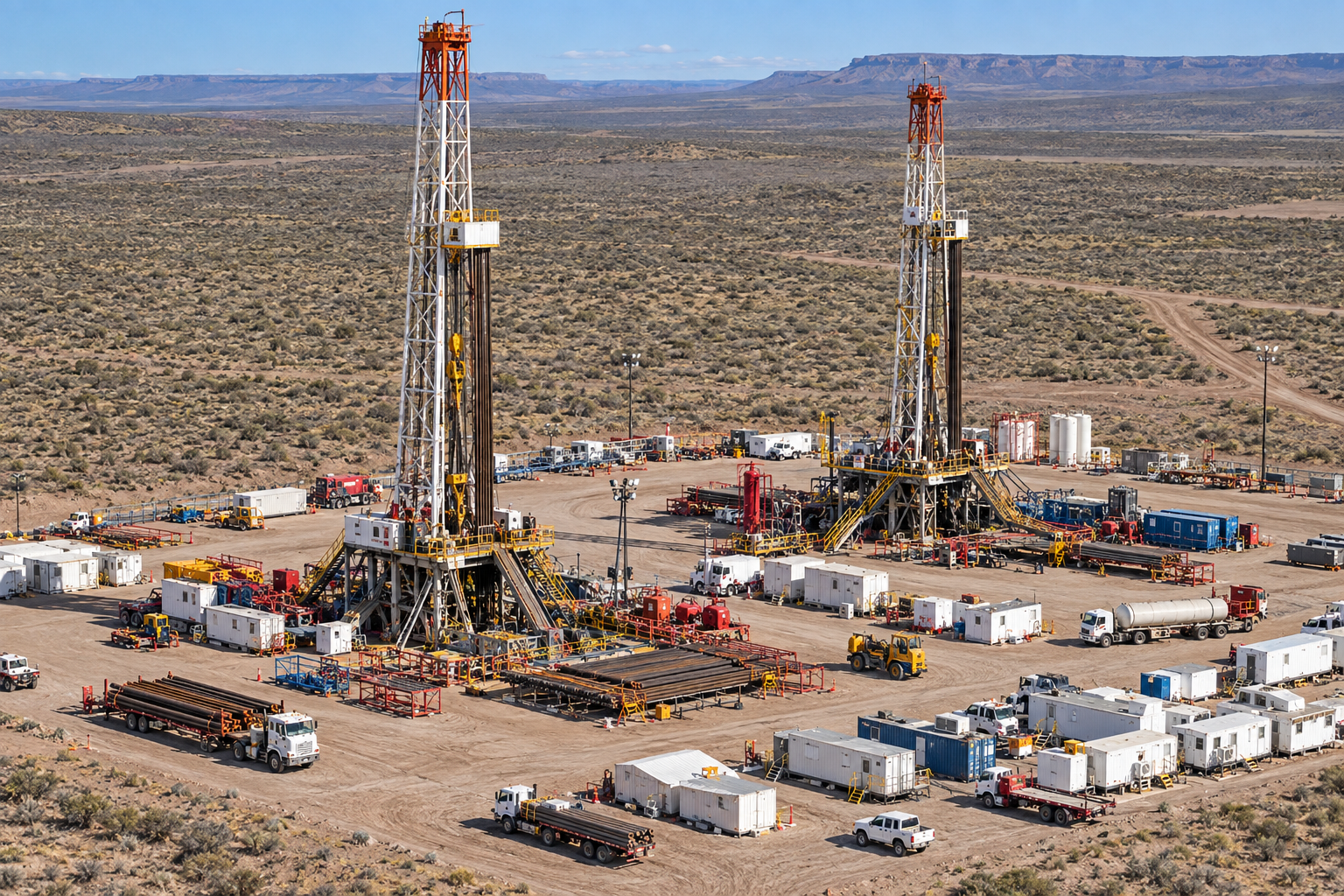 Drilling towers and equipment in a Patagonian landscape